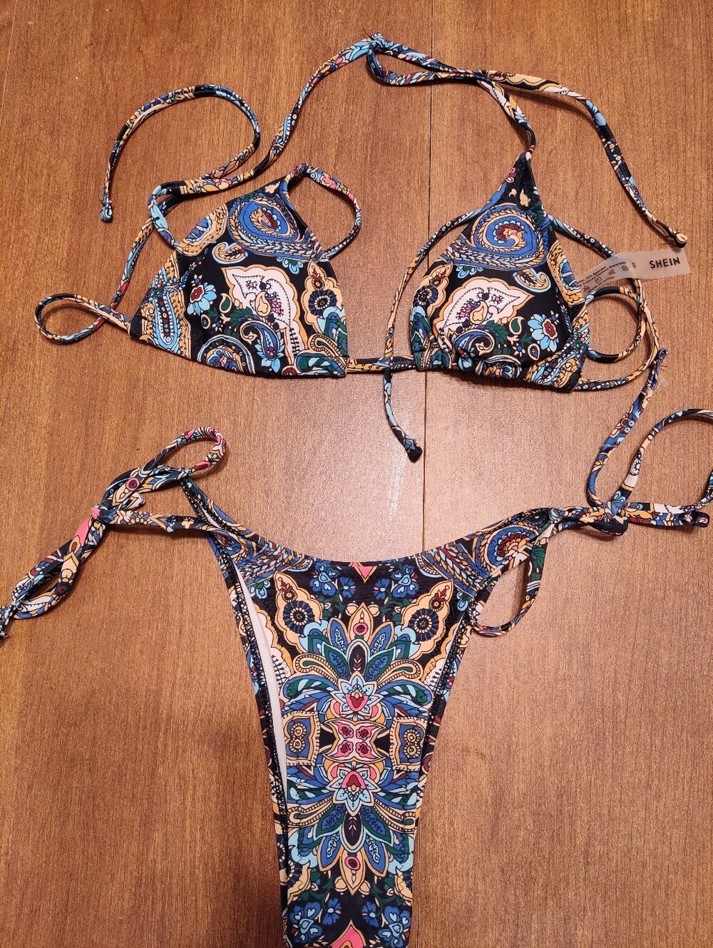 SHEIN Women's Blue Paisley String Bikini Set